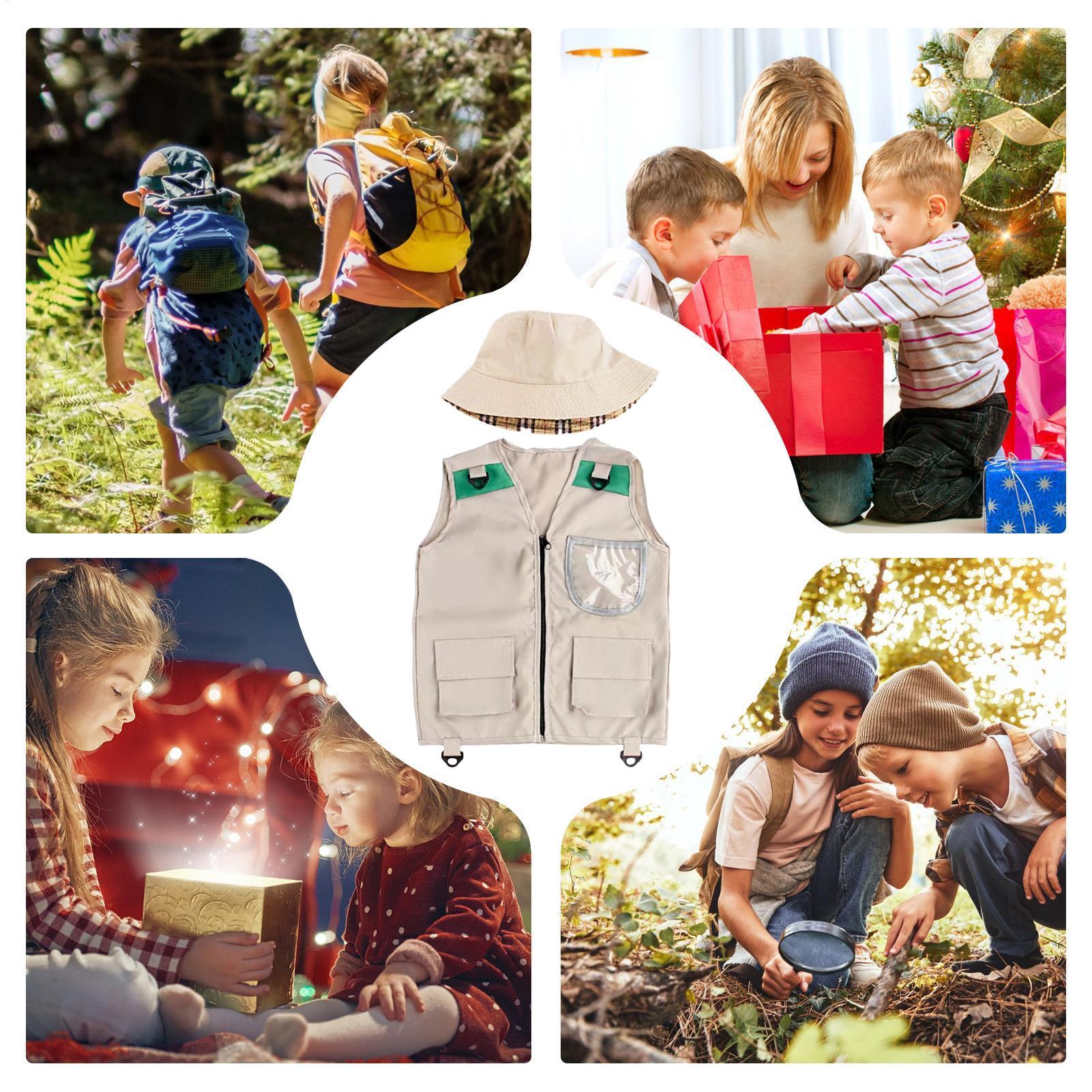 Outdoor Adventure Activities For Kids - キッズエクスプローラーベストと帽子コスチューム、サファリカーゴベスト、男の子用アウトドアアドベンチャーキット、幼児用ドレスアップごっこ遊びコスチューム