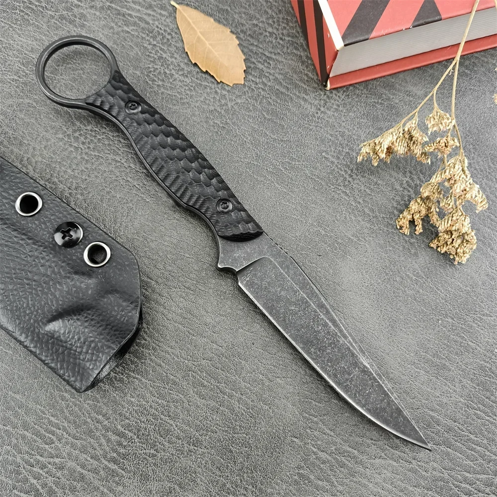 Survival Knife Full Tang - 高硬度アウトドアキャンプ用ストレートナイフ G10ハンドル キデックスシース付き D2ストーンウォッシュブレード フィッシングナイフ クライミングEDCツール