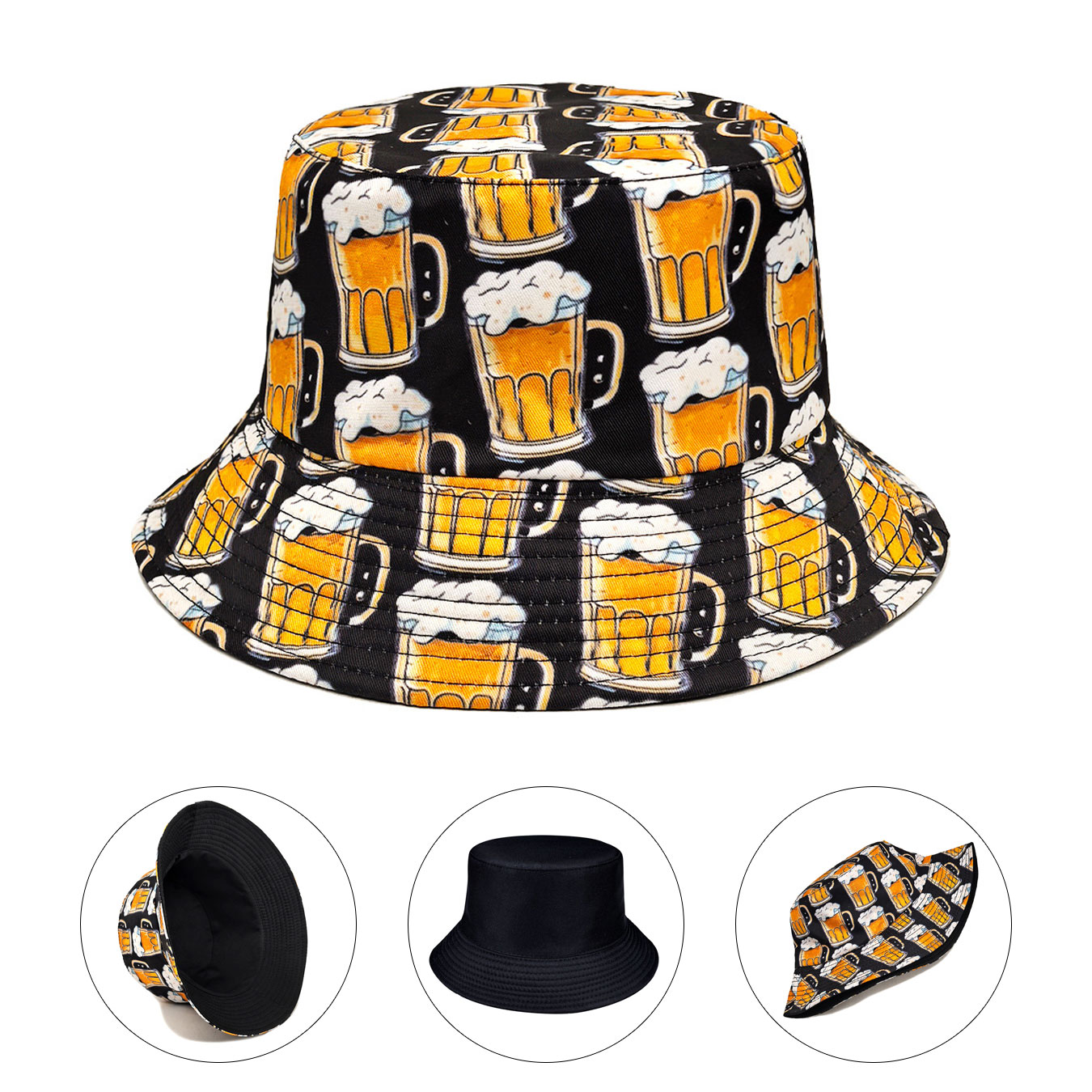 ファッショナブルなビールプリントの両面バケットハット、日焼け - Outdoor Adventure Wear のレビューと価格